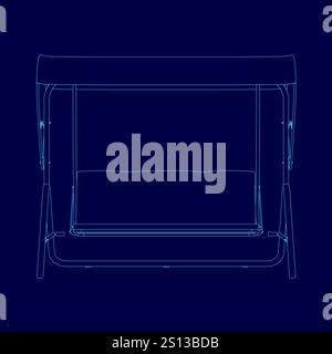 Blue drawing of a swing. The swing is made of wood and has a frame. The swing is suspended from the ceiling and has a canopy Stock Vector