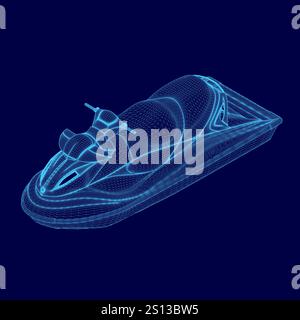 Blue jet ski is shown in a blue background. The jet ski is a small, compact model with a blue design. Isometric view Stock Vector