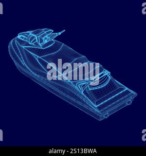 Blue jet ski is shown in a blue background. The jet ski is a small, compact model with a blue design. Isometric view Stock Vector