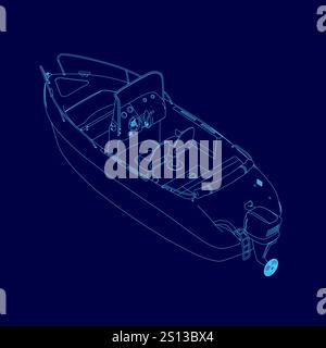 Blue boat with a motor and a steering wheel. The boat is shown in a blue drawing. Isometric view Stock Vector