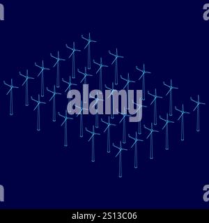 Blue background with a large number of wind turbines. The wind turbines are all lined up in a row and are all facing the same direction Stock Vector