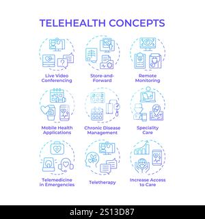 Telehealth blue gradient concept icons Stock Vector