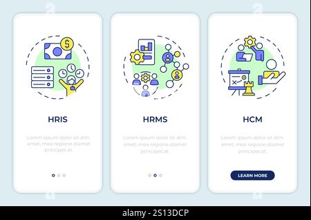 HRMS vs HRIS vs HCM onboarding mobile app screen Stock Vector