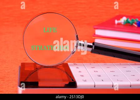 Business and technology concept. The conceptual phrase LIFE STRATEGIES written through a magnifying glass in front of an orange background, front view Stock Photo
