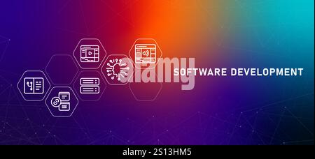 Software development service gradient header developer programming building application app and web based coding Stock Vector