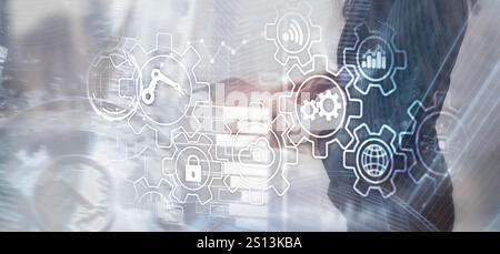 Gear icons on city background. RPA Robotic Process Automation Stock Photo