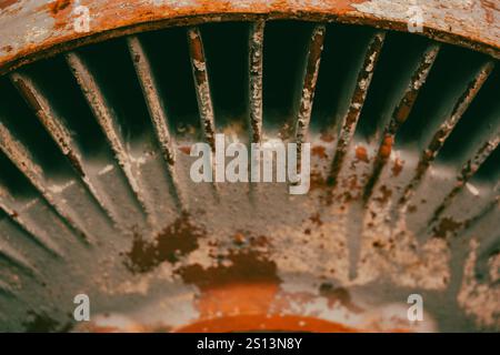 Rusty wheeled surface of old metal wheel surface. Broken vintage mechanism. Steel gear. Turbine blade with rusted surface with corrosion and rusting . Stock Photo