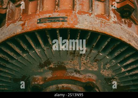 Rusty wheeled surface of old metal wheel surface. Broken vintage mechanism. Steel gear. Turbine blade with rusted surface with corrosion and rusting . Stock Photo