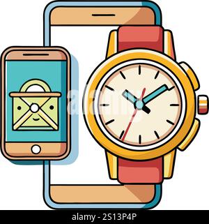 Elegant vector illustration of analog and digital watches with smartphone integration, symbolizing time management and modern technology Stock Vector