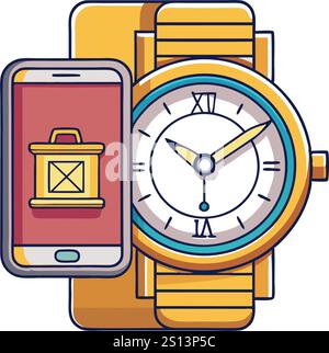 Stylish vector artwork featuring detailed analog watch paired with modern smartphone, representing classic vs contemporary timepieces Stock Vector