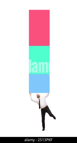 Poster. Contemporary art collage. Worker carrying chart, reflecting challenges and responsibilities in business operations. Concept of business manage Stock Photo