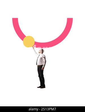 Poster. Contemporary art collage. Man standing, reaching towards minimalistic graphic, symbolizing goal-oriented aspirations and reaching milestones. Stock Photo