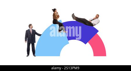 Poster. Contemporary art collage. Team interacting with charts, representing diverse approaches in overcoming challenges and creating solutions. Conce Stock Photo