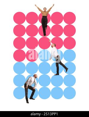 Poster. Contemporary art collage. Team engaging with statistic graph, representing career progression, collaboration, and tackling work challenges. Co Stock Photo