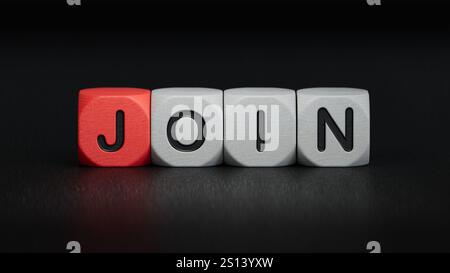 wooden cube block with JOIN business word.close up of wooden elements,Business Concept.3D rendering on black background. Stock Photo