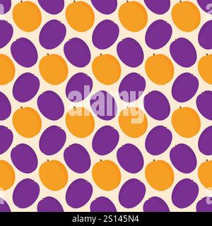 Plums and apricots colorful Seamless pattern in trendy summer hues. Seasonal fruits background idea. Vector illustration Wrapping or web promo backdrop Thematic cards, leaflet, banner, greeting, label Stock Vector