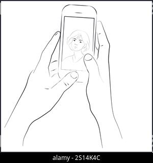Hands Holding Smartphone with Asian Womans Face in Video Call Stock Vector