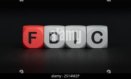 fdic word written on wooden cubes with copy space.close up of wooden elements,Business Concept.3D rendering on black background. Stock Photo