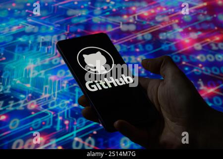 Brussels, Belgium. 30th Dec, 2024. The GitHub logo is being displayed on a mobile screen, in this photo illustration.Taken in Brussels, Belgium, On 30 December 2024. (Jonathan Raa/Sipa USA) *** Strictly for editorial news purposes only *** Credit: Sipa USA/Alamy Live News Stock Photo