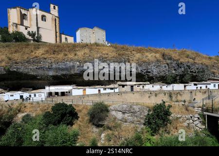 View of the Castle and the River Trejo, Setenil de las Bodegas, Cadiz Province, Spain. Stock Photo