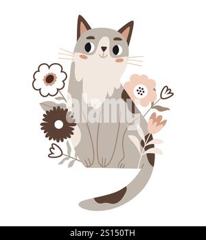 Cute cat in a naive style among flowers. Illustration in brown and gray colors. Stock Vector