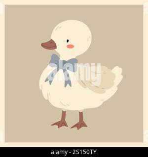 Goose or duck with a bow in vintage style. Vintage simple children's illustration. Stock Vector