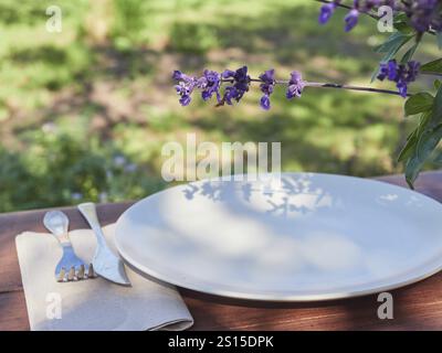 Empty ceramic plate with flowering plant shade and fork knife on tissue paper served on wooden table in daylight against blurred green grass garden Stock Photo