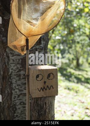 Funny face with glancing eyes and grimace on the mouth drawn on a wooden bucket next to a butterfly catcher. Concept of trapped Stock Photo