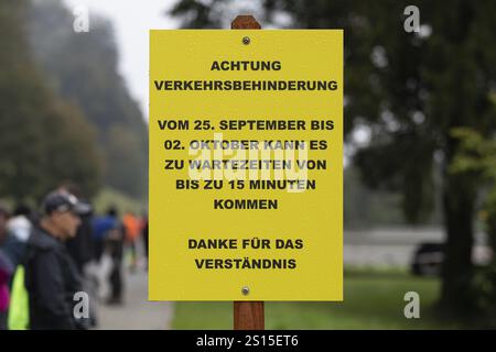 Yellow sign, Attention traffic obstruction, at the 1st Malters Hill Climb in Malters, Lucerne, Switzerland, Europe Stock Photo