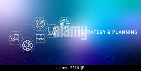 IT Strategy and Planning information technology gradient header systematic company technology plan alignment with business Stock Vector