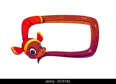 Chinese lunar new year funny cartoon snake with banner. Vector playful brown reptile zodiac animal with red and gold hat coiled into a rectangular frame for festive CNY greetings or party decorations Stock Vector