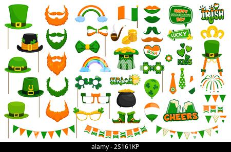 St Patrick day holiday party photo booth, Irish green photobooth stickers. Vector props include hat, beard, flag, clover and shamrock. Mustache, bow tie, glasses, balloon, beer, boots, arrow and heart Stock Vector