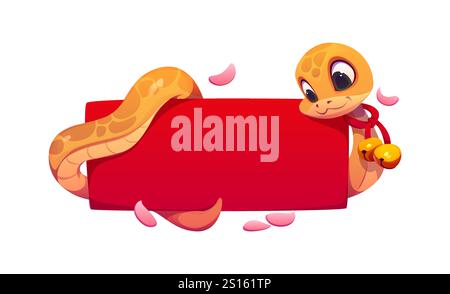 Cute cartoon snake adorned with golden bells, coiled around a red rectangular banner with falling petals. Vector festive frame for lunar new year 2025 or celebration, symbolizes joy and prosperity Stock Vector