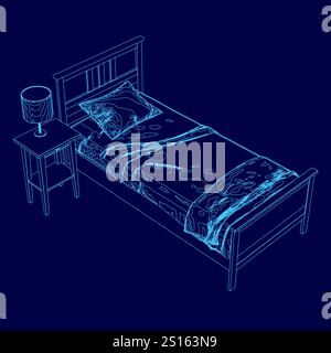 Blue bed with a lamp on a nightstand. The bed is unmade and the lamp is turned off Stock Vector