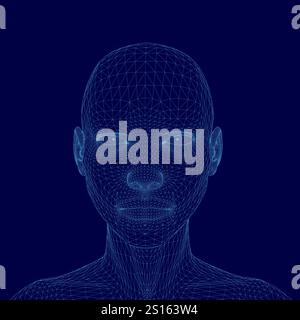 Blue head with a face made of lines. The head is in the middle of the image Stock Vector