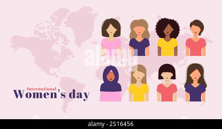 International Womens day 8 march horizontal banner. Group of women in different ethnicity, age, hair color and more. Flat vector illustration Stock Vector