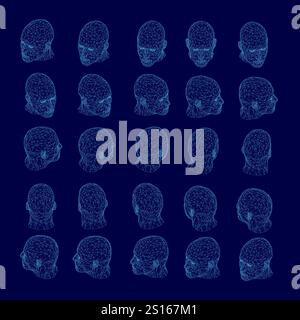 Series of blue faces are shown in a row. The faces are all different sizes and shapes, but they all have the same color scheme. The image gives off a Stock Vector