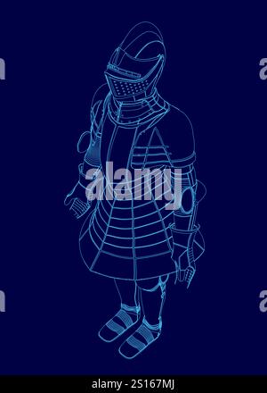 Blue drawing of a knight in full armor. The knight is standing tall and looking to the right. The knight is wearing a helmet and a suit of armor, whic Stock Vector