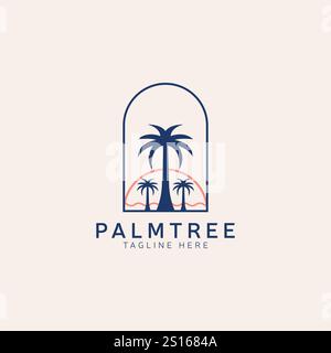 palm tree island vintage logo vector minimalist illustration design, paradise adventure logo design Stock Vector