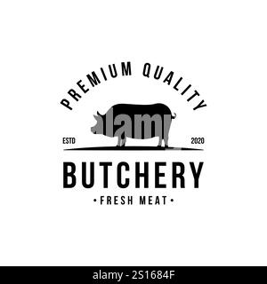 Butcher shop logo vector illustration. Pig silhouette, good for farm or restaurant badge. Vintage typography emblem design. Stock Vector