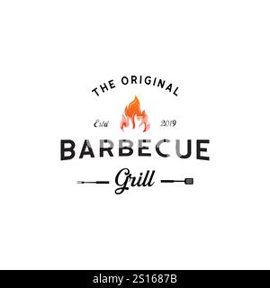 Vintage hipster Grill Barbeque invitation party barbecue bbq with crossed fork spatula and fire flame Logo design Stock Vector