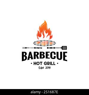 Vintage hipster Grill Barbeque invitation party barbecue bbq with crossed fork spatula and fire flame Logo design Stock Vector