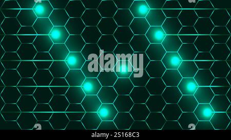 hexagon pattern background wallpaper with glowing Algae Green lights Stock Vector