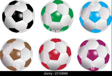Six football soccer balls set with black red purple brown green sky blue white colors Stock Vector