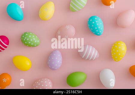 Creative Easter pattern composition made with colorful Easter eggs on light pastel pink background. Minimal Easter concept. Stock Photo