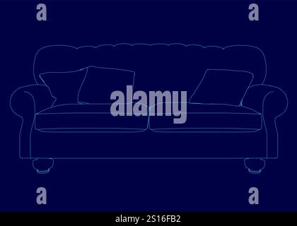 Blue couch with pillows on it. The couch is shown in a blue drawing Stock Vector