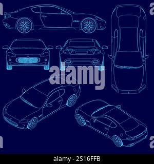 Blue car set. The car is shown from the front, back, and side Stock Vector