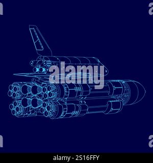 Blue drawing of a space shuttle with a rocket on top. The drawing is of a space shuttle with a rocket on top, and it is a very detailed and accurate r Stock Vector