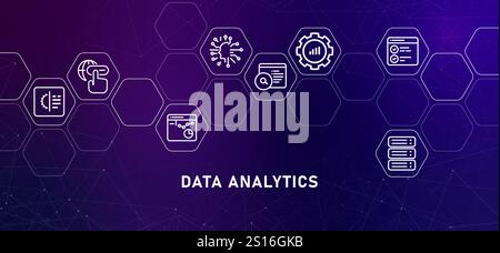 Data analytics big database interpretation gradients information research statistics technology web header illustration Stock Vector