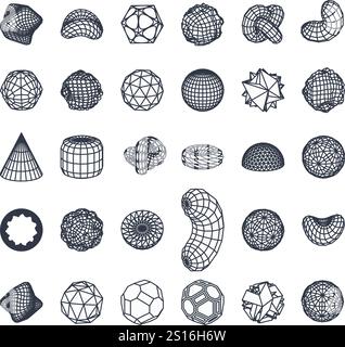 Collection of abstract geometric wireframe y2k shapes. Abstract futuristic design. Stock Vector